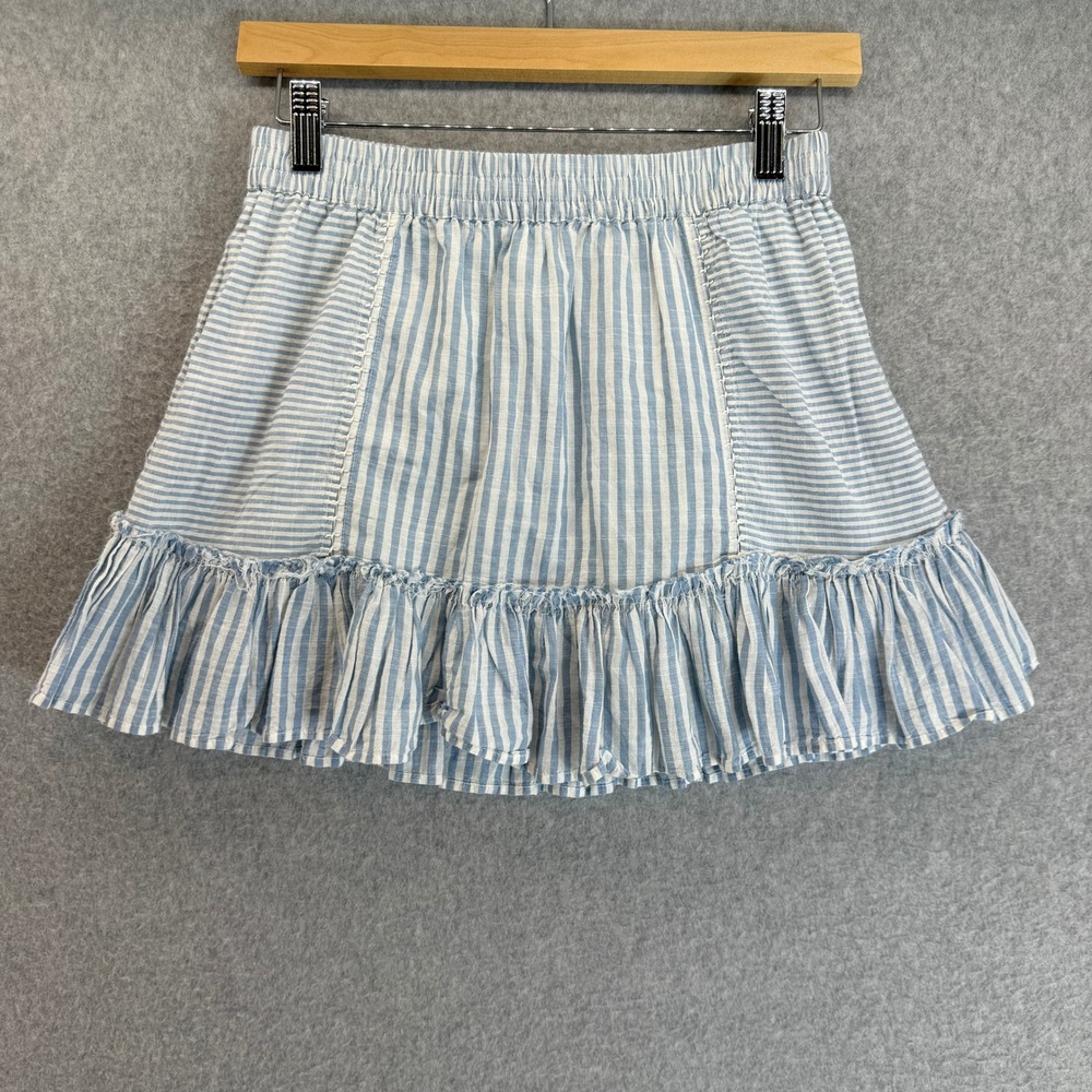 LoveShackFancy Geanie Mini Ruffle Skirt Blue White Striped Coastal Womens Small‎